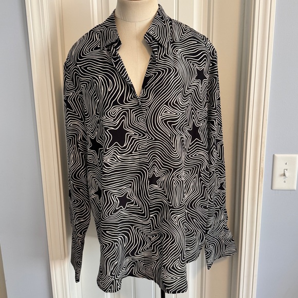 Catherine Gee 2XL 100% Silk Black White Stars Blouse Top ~ Modern Art Abstract - Picture 1 of 7